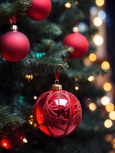 Foto primer plano de una pelota roja de navidad en un árbol