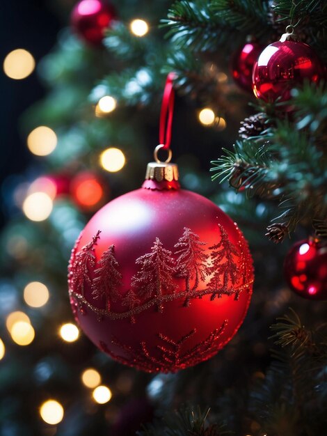 Primer plano de una pelota roja de Navidad en un árbol