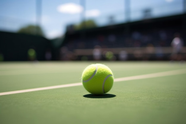 El primer plano de la pelota de tenis se encuentra en una cancha de tenis verde con espacio para copiar