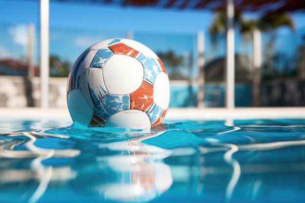 Primer plano de una pelota de waterpolo con un fondo borroso de la piscina