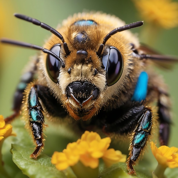 Primer plano de una pequeña abeja albañil colorida generada por Ai