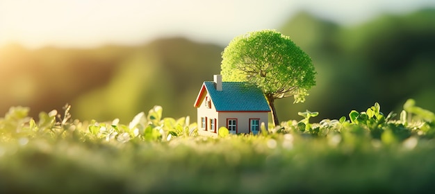 Primer plano de una pequeña casa en el medio de un campo con un lindo pr