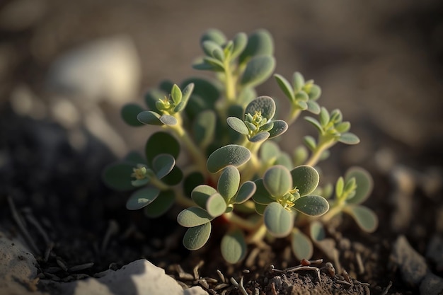 Primer plano de una pequeña planta de orégano en tierra IA generativa