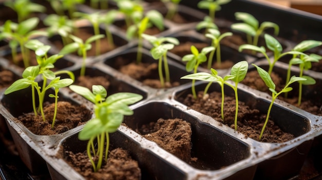 Un primer plano de pequeñas plantas en una bandeja.