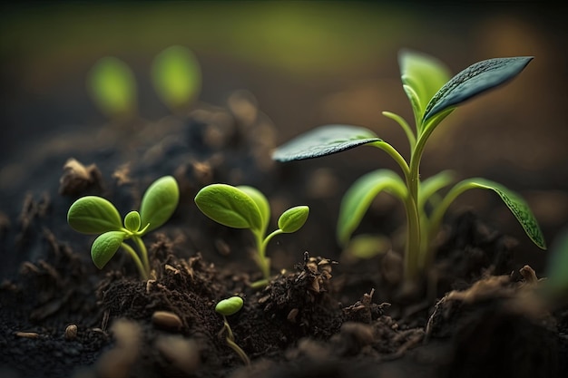 Primer plano de pequeñas plántulas verdes que brotan en el suelo