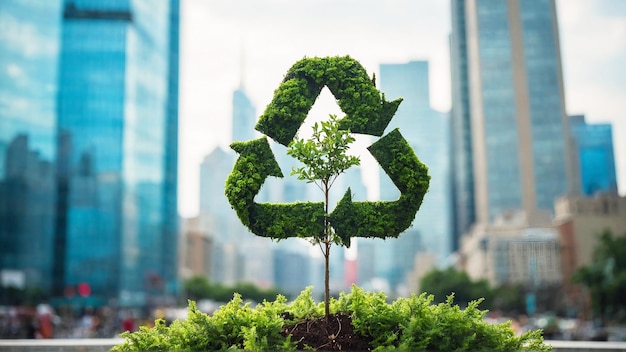 primer plano de un pequeño árbol verde en forma de cartel de reciclaje