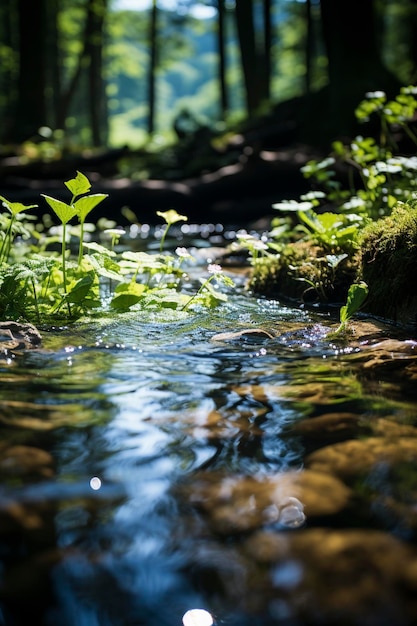 Primer plano de un pequeño arroyo en el bosque creado con IA generativa