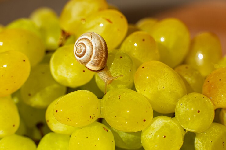 Foto primer plano de un pequeño caracol arrastrándose sobre uvas quiche mish