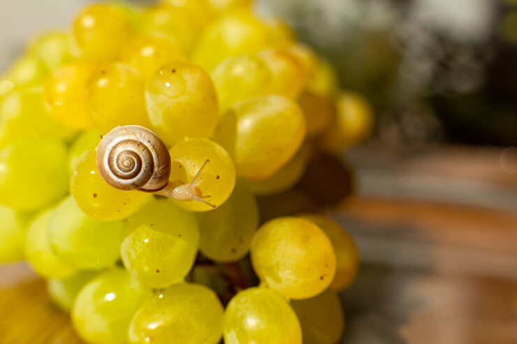 Foto primer plano de un pequeño caracol arrastrándose sobre uvas quiche mish