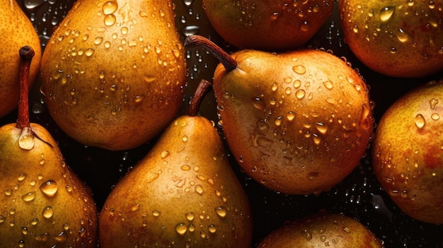 Un primer plano de peras con gotas de agua sobre ellas