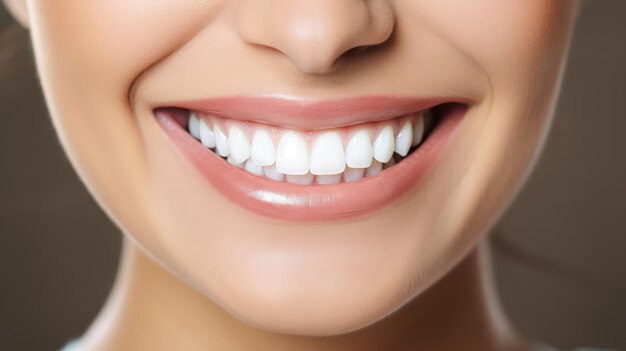 En primer plano Perfecta Sonrisa Blanca de Nieve Mujer Salud dental y concepto de odontología