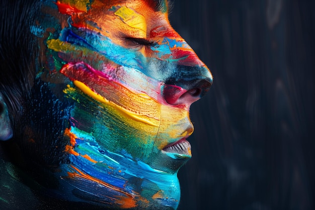 Primer plano de un perfil de mujer con su cara artísticamente cubierta de pintura de colores arco iris brillantes