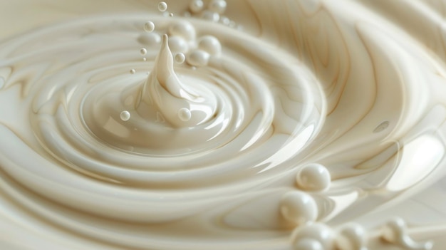 un primer plano de una perla blanca y negra crema de perlas gotas de agua y ondas de verter leche