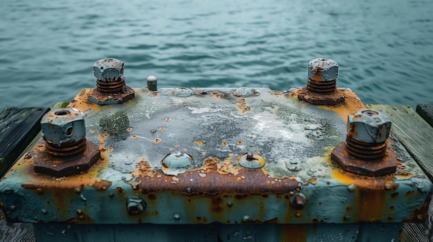 Foto primer plano de pernos oxidados en un muelle con un fondo borroso de agua