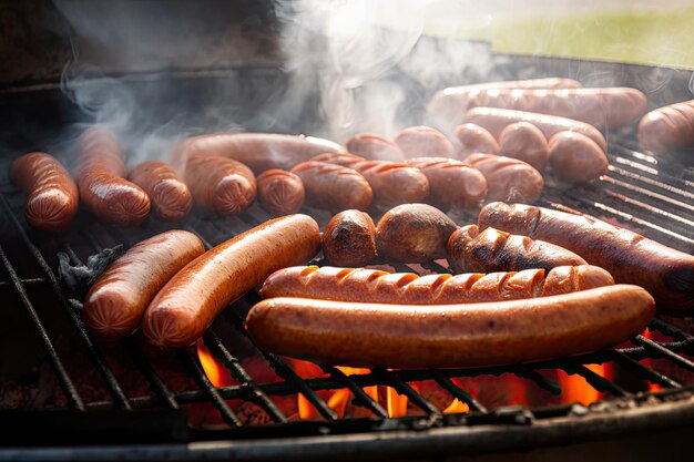 Un primer plano de perritos calientes y salchichas con humo saliendo de la parrilla