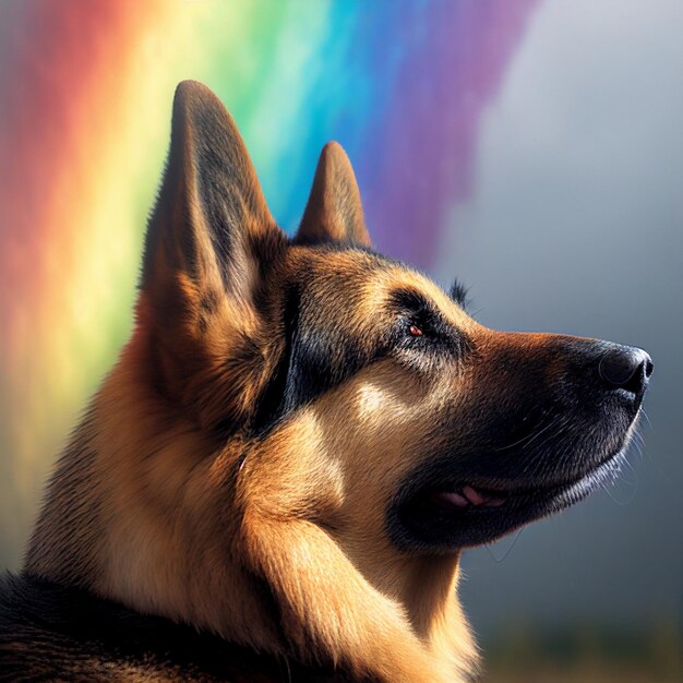 Un primer plano de perro con arco iris de colores en el fondo generativo ai