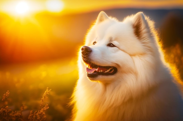 Primer plano de un perro con la boca abierta y la puesta de sol de fondo IA generativa