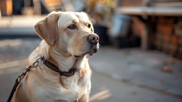 Primer plano de un perro carnívoro en una correa mirando hacia arriba