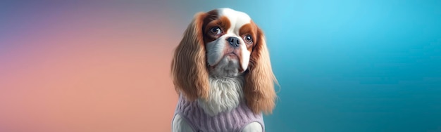 Primer plano de un perro Cavalier King Charles Spaniel con un fondo pastel Foto de moda de perro IA generativa