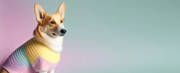 Foto primer plano de un perro corgi con un fondo azul pastel foto de moda de perro ia generativa