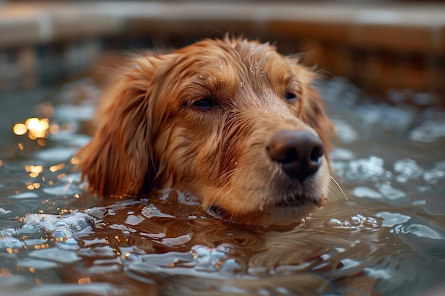 Un primer plano de un perro disfrutando del agua en una piscina