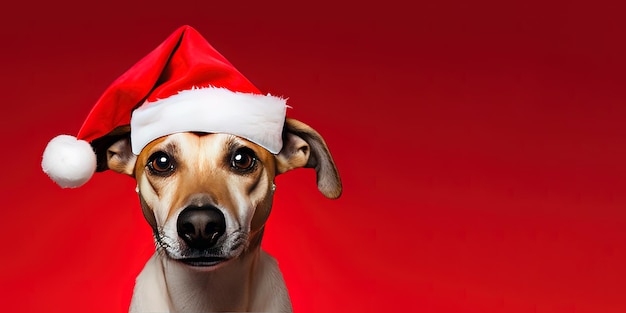 Primer plano de un perro expresivo con un sombrero de Papá Noel sobre un fondo rojo con espacio para copiar