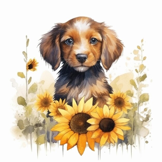 un primer plano de un perro con girasoles en un fondo blanco generativo ai