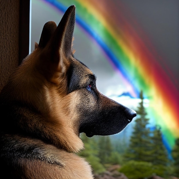 Un primer plano de un perro mirando el ai generativo del arco iris