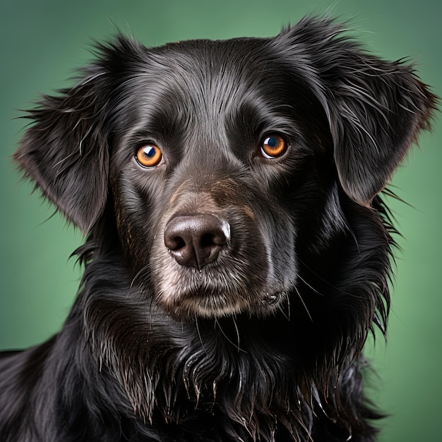 un primer plano de un perro negro sobre un fondo verde