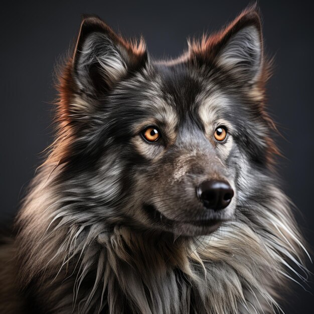 un primer plano de un perro con el pelo largo en un fondo negro