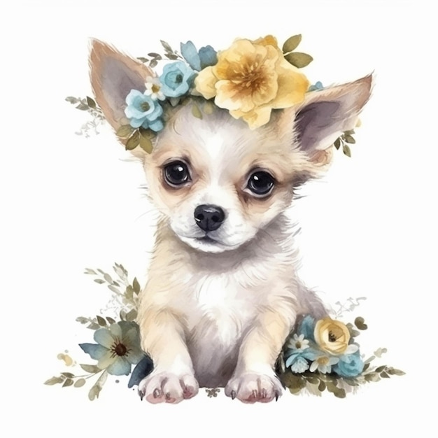 Un primer plano de un perro pequeño con flores en la cabeza ai generativo
