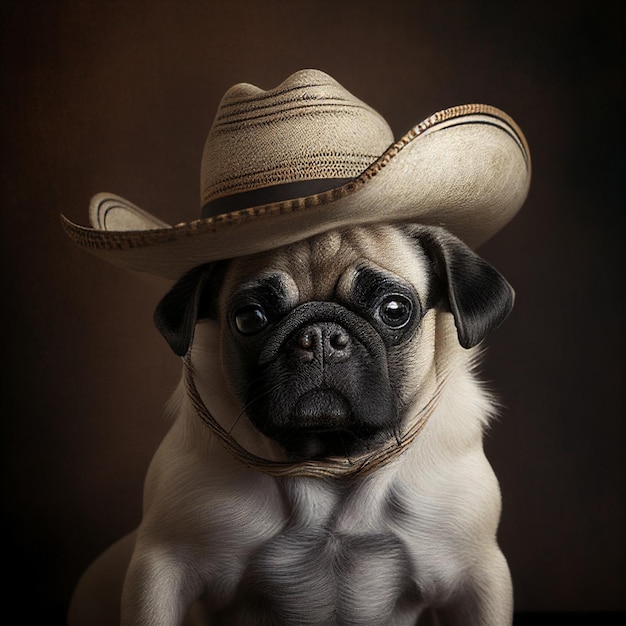 Primer plano de perro pug con sombrero generativo ai