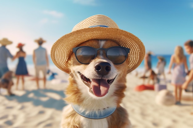 Primer plano de un perro con sombrero y gafas perro feliz en vacaciones en el mar generativo ai