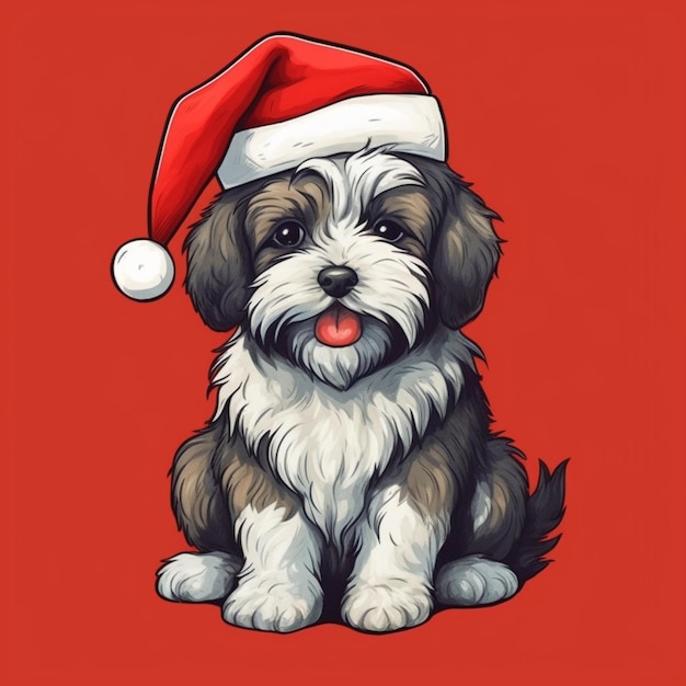 Un primer plano de un perro con un sombrero de Papá Noel en un fondo rojo