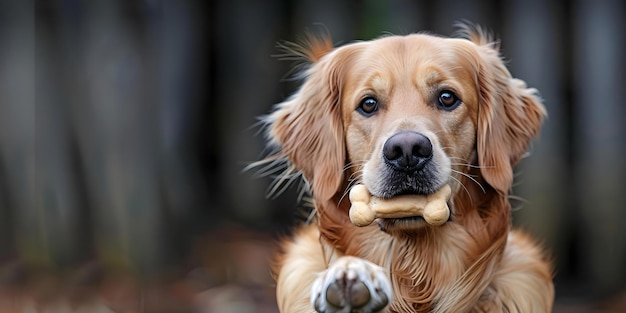 Primer plano de un perro sosteniendo un pequeño hueso en su nariz Concepto Fotografía de mascotas Retratos de perros Primer plano Trazos de entrenamiento de trucos Comportamientos de animales