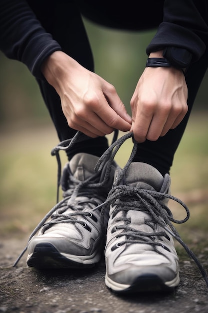 Primer plano de una persona atándose los cordones de los zapatos creados con IA generativa