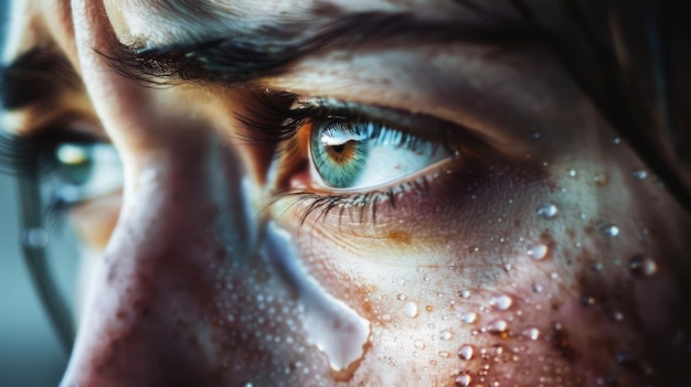 Foto primer plano de una persona con la cara llena de lágrimas, ojos llenos de tristeza y dolor que reflejan sus emociones abrumadoras.