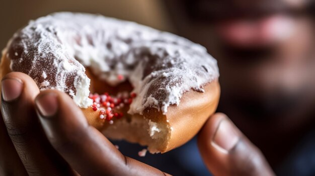 Foto un primer plano de una persona comiendo donut mordiendo un donut