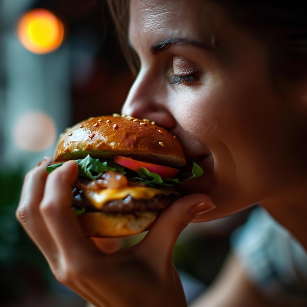 Primer plano de una persona comiendo hamburguesa en un restaurante con IA generativa ligera