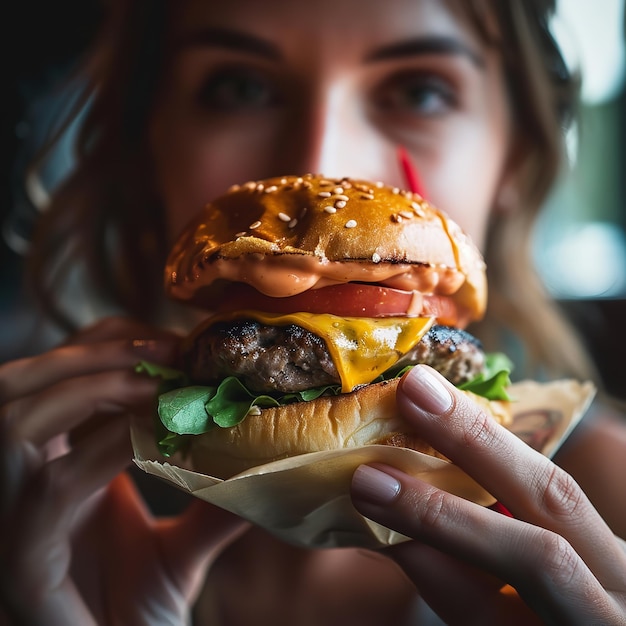 Primer plano de una persona comiendo hamburguesa en un restaurante con IA generativa ligera