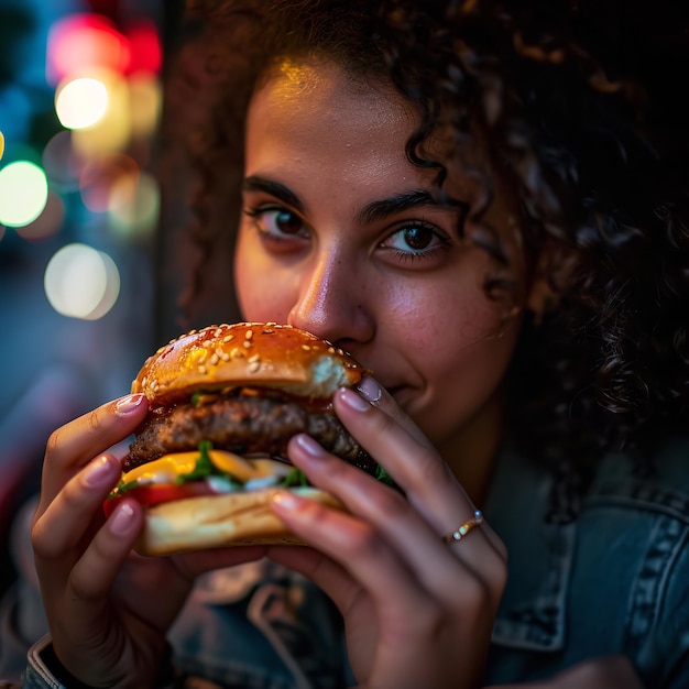 Primer plano de una persona comiendo hamburguesa en un restaurante con IA generativa ligera