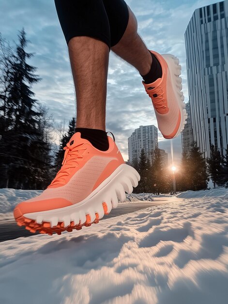 Un primer plano de una persona corriendo en la nieve con edificios en el fondo