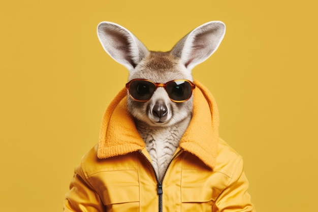 Primer plano de una persona con gafas de sol y un canguro con chaqueta IA generativa