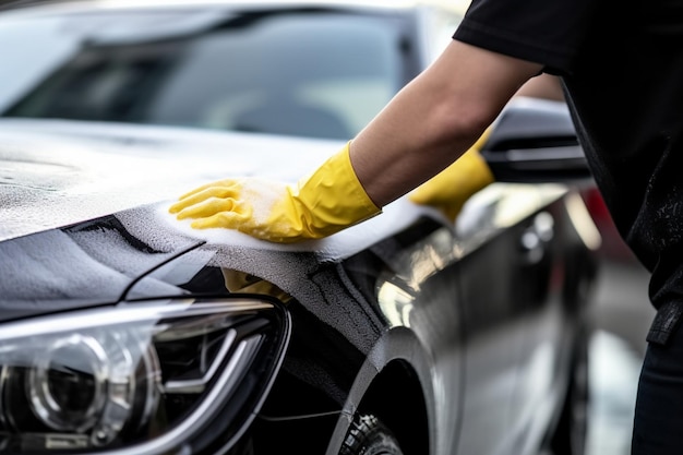 un primer plano de una persona lavando un coche