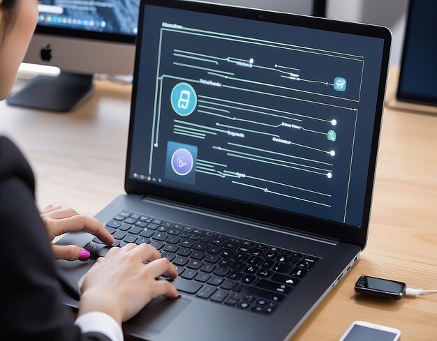 Primer plano de una persona de negocios escribiendo a mano en una computadora portátil