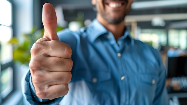 Foto primer plano de una persona que levanta el pulgar en una oficina casual gesto positivo con enfoque claro expresión alentadora y simple de aprobación y apoyo ia