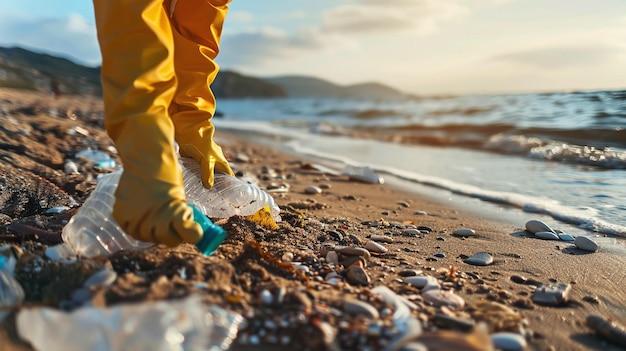 primer plano de una persona que recoge basura y plástico en la playa concepto de ecología