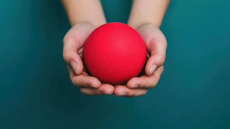 Primer plano de una persona que sostiene la bola de estrés con expresión enfocada Copiar espacio para el texto