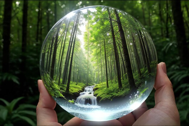 un primer plano de una persona sosteniendo una bola de cristal hermosos bosques y árboles