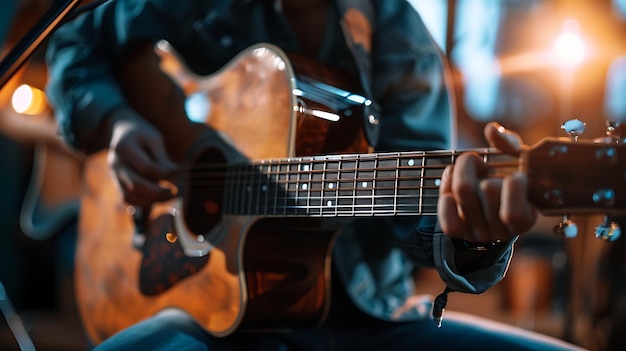 Un primer plano de una persona tocando una guitarra acústica El foco está en el fretboard y los dedos de la persona que toca